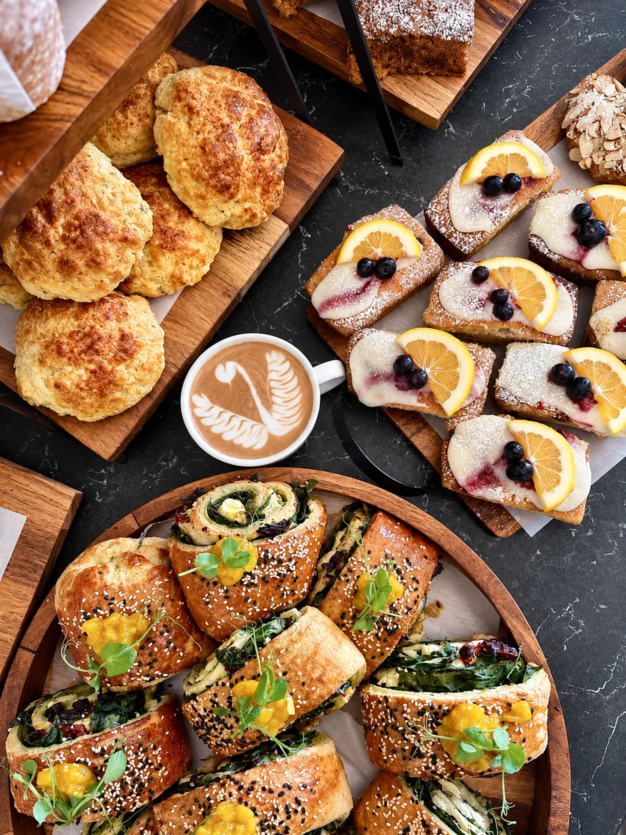 Assorted scones, pastries, sandwiches and coffee at Zone Cafe